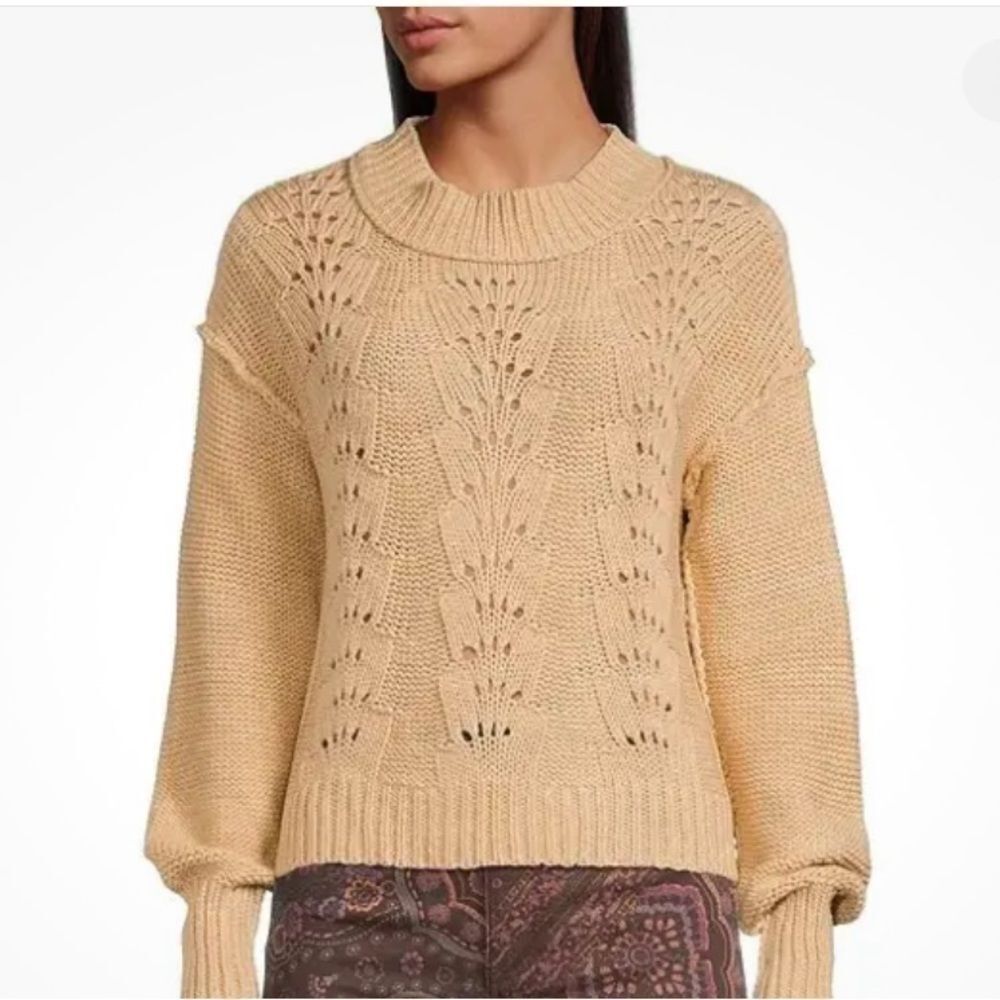 Free People Bell Song Crewneck Long Sleeve Beige Pullover Sweater, Size XL